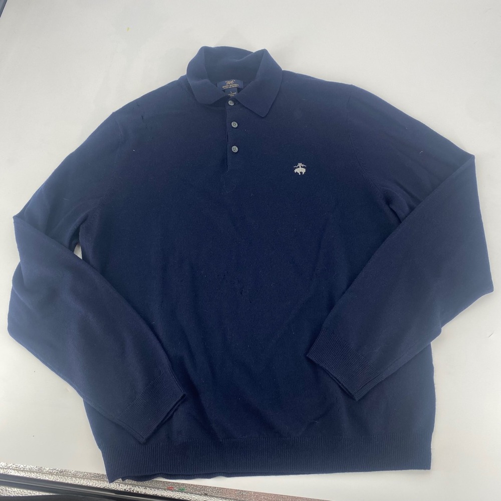 Brooks Brothers 346 Mens Large Navy Blue Extra Fine Merino Wool Polo Sweater